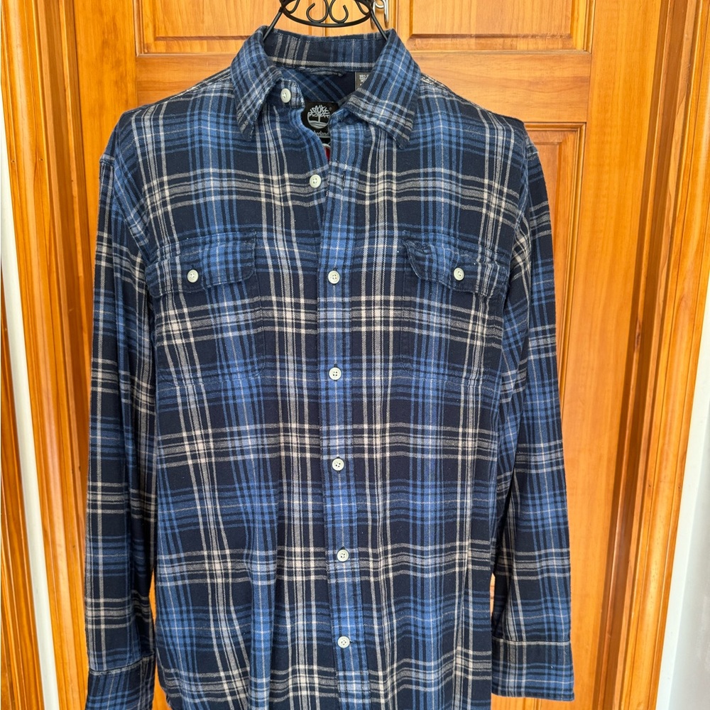 Men's Timberland Long Sleeve Flannel Shirt, Size Large, Blues & Tan